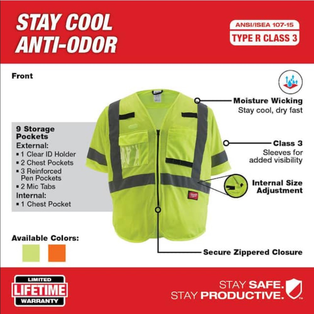 New MILWAUKEE High Visibility Reflective Performance Safety Zip Vest Shirt L/XL